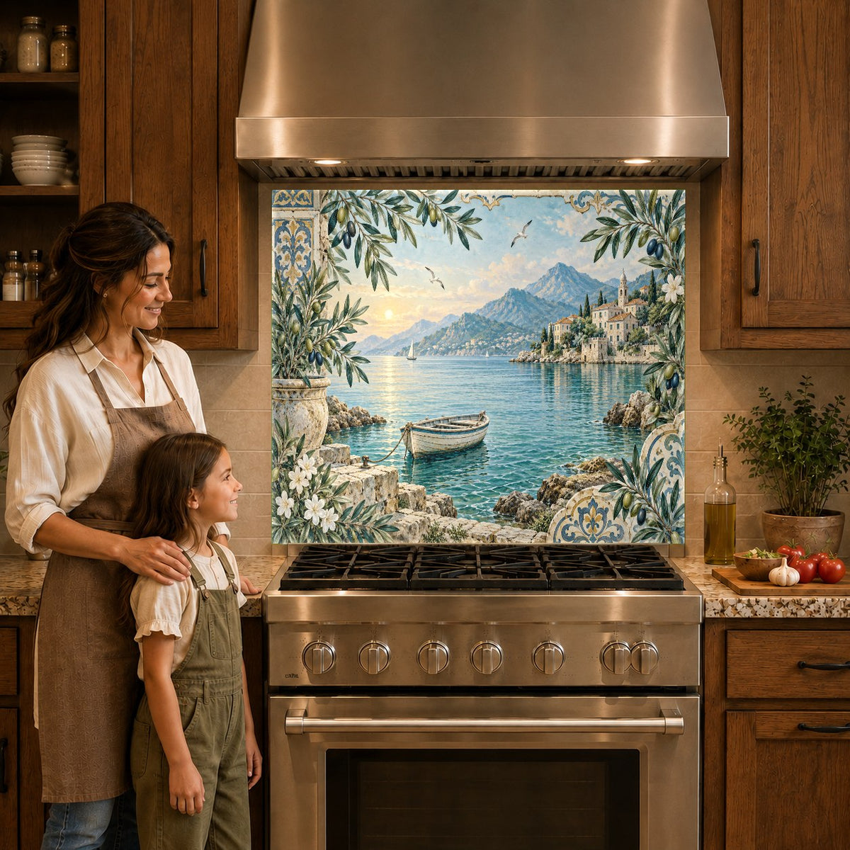 Rustic rowboat glass backsplash panel providing heat-resistant protection behind a sleek induction cooktop.