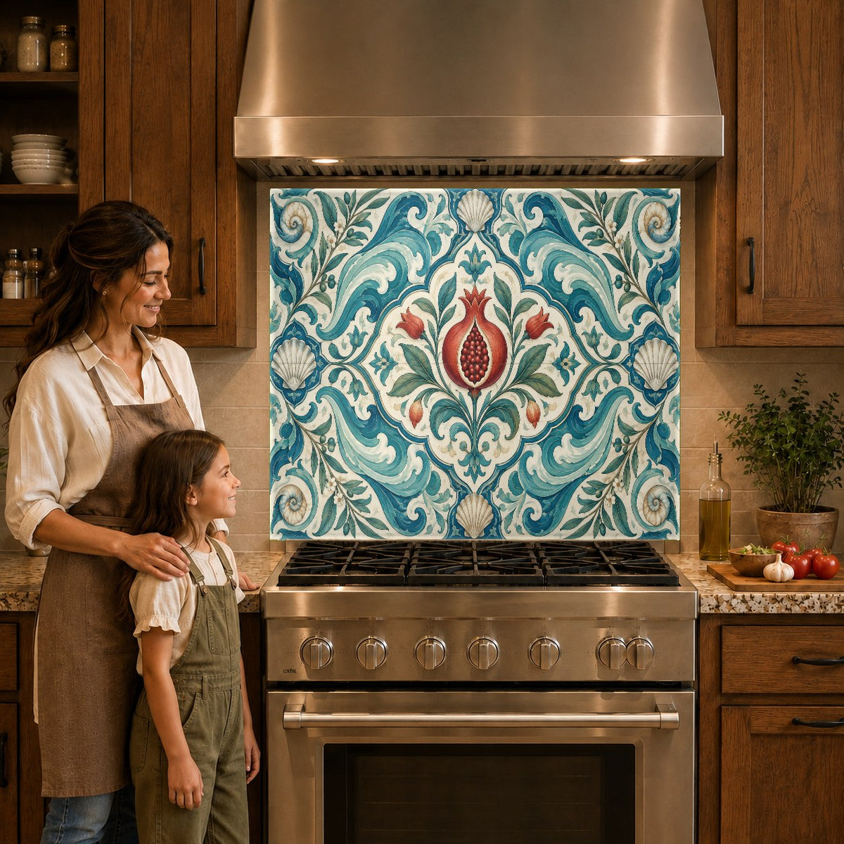 Modern fruit kitchen glass panel behind a gas cooktop in a luxury home