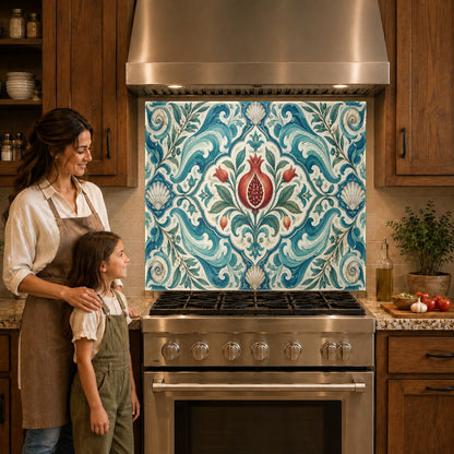 Modern fruit kitchen glass panel behind a gas cooktop in a luxury home