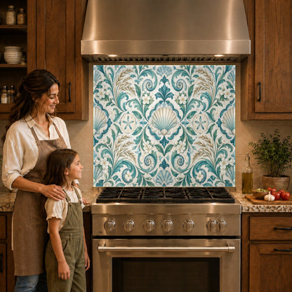 Close-up of elegant seashell damask glass kitchen backsplash guarding the wall behind an induction cooktop.