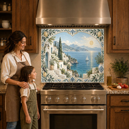 Italian style coastal scenic backsplash panel mounted behind a modern induction cooktop.
