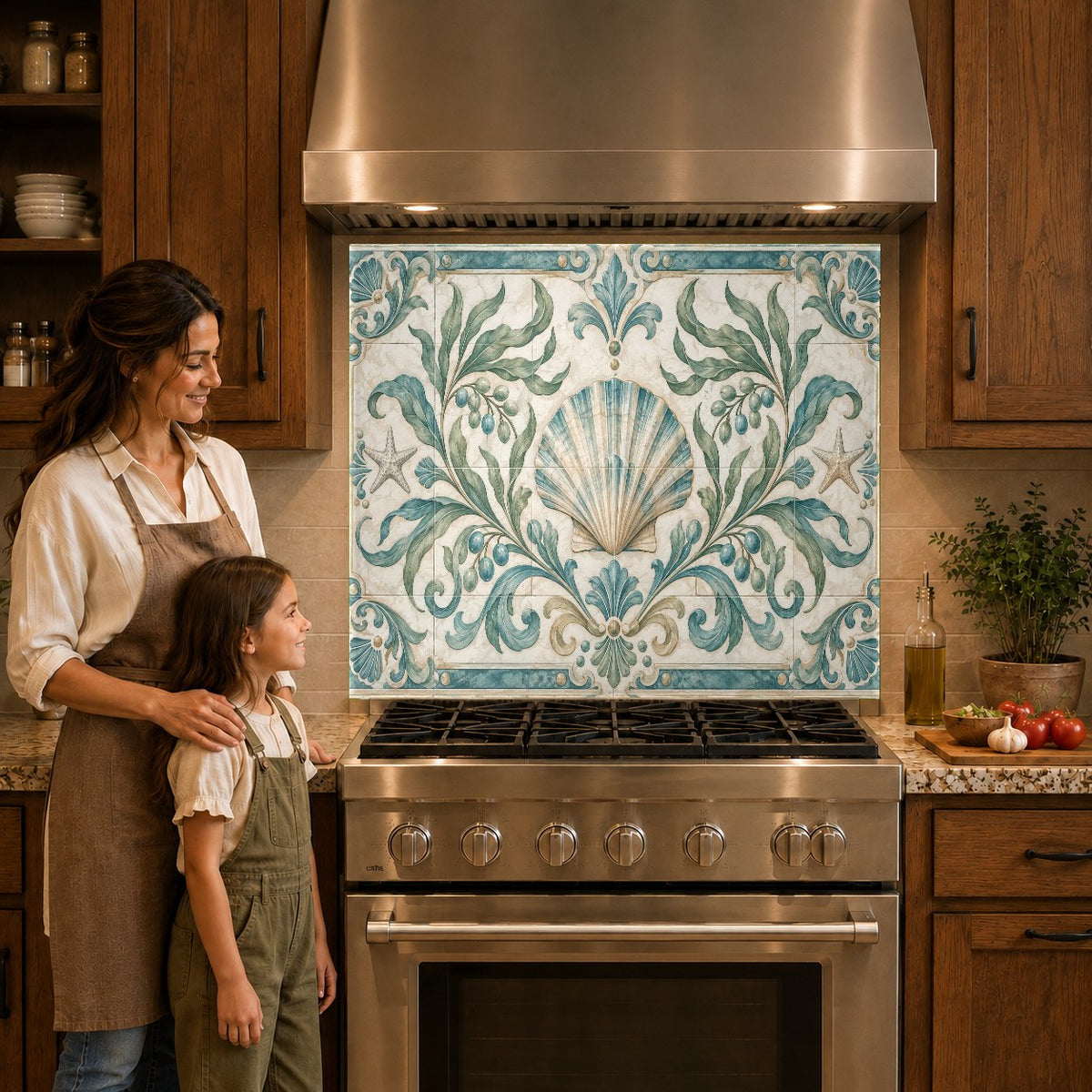 Elegant scallop olive glass backsplash panel mounted behind an induction cooktop