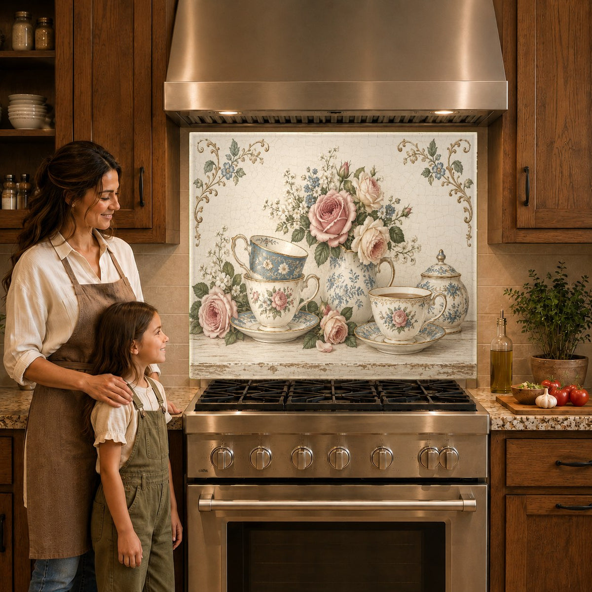 Floral glass kitchen backsplash panel mounted behind an electric cooktop
