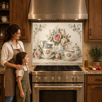 Floral glass kitchen backsplash panel mounted behind an electric cooktop