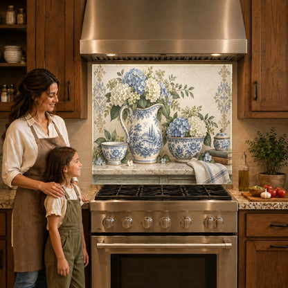 Close-up of floral glass kitchen backsplash panel over a stainless steel cooktop