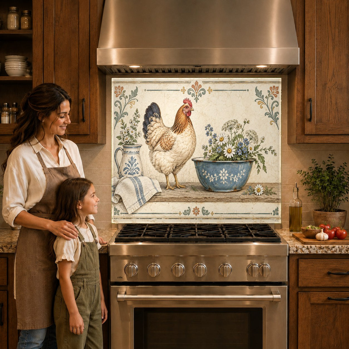 Rustic chicken kitchen glass backsplash mounted behind a modern gas cooktop