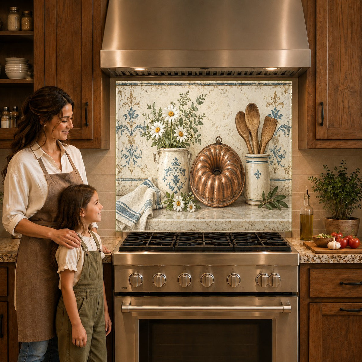 Modern kitchen with copper patterned glass backsplash panel