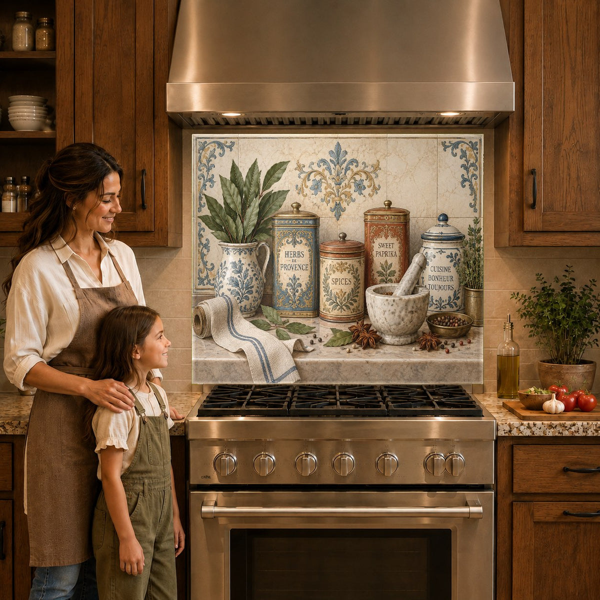Herb and spice glass backsplash panel mounted over a gas cooktop