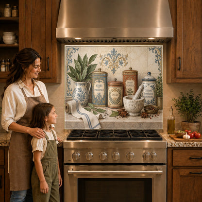 Herb and spice glass backsplash panel mounted over a gas cooktop