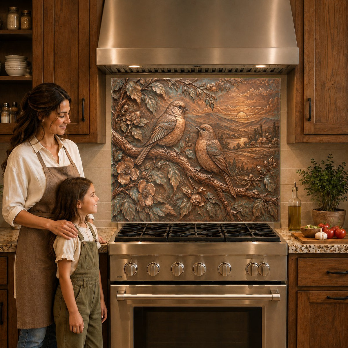 Close-up view of songbird branch kitchen glass backsplash panel behind an electric cooktop