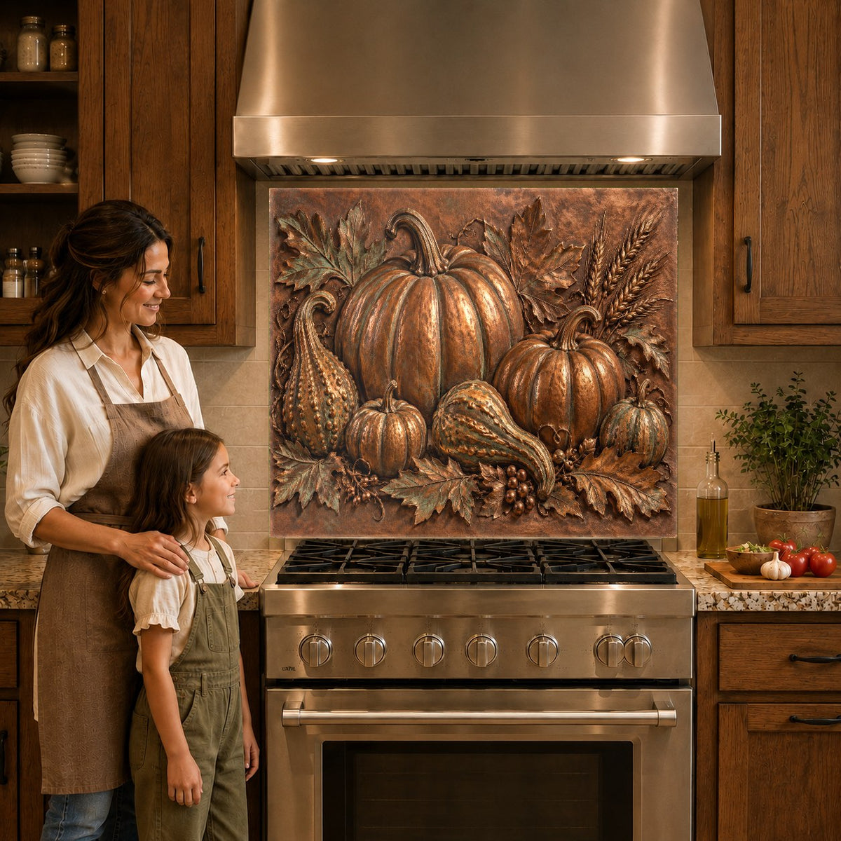 Close-up of autumn pumpkin harvest glass backsplash panel behind an electric cooktop