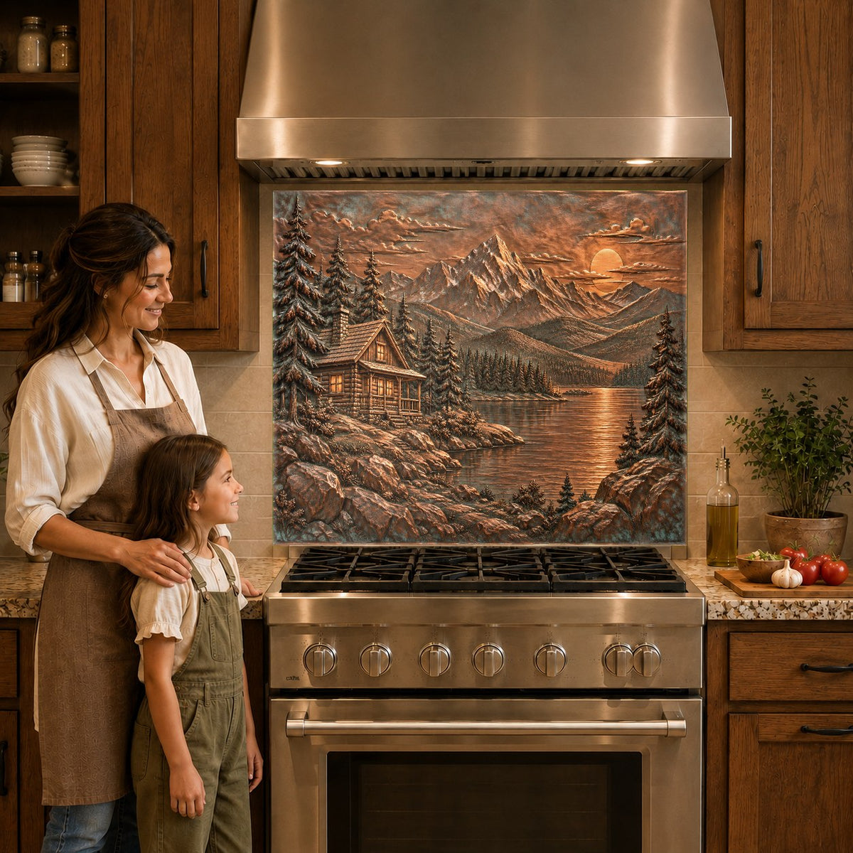 Kitchen backsplash panel featuring serene cabin view behind a smooth electric cooktop