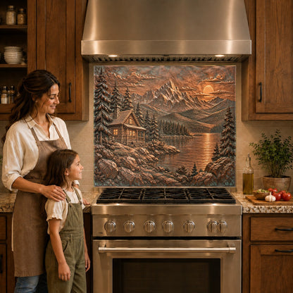 Kitchen backsplash panel featuring serene cabin view behind a smooth electric cooktop