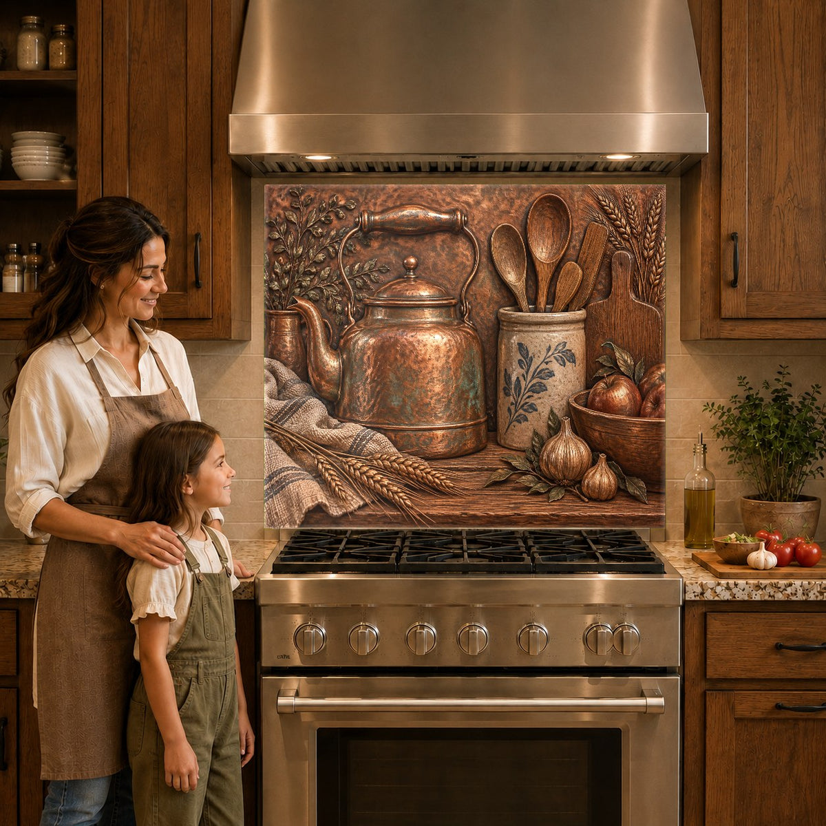 Vintage copper kettle kitchen glass panel mounted on a modern cooking range wall