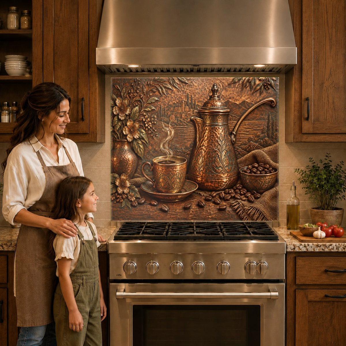 Traditional coffee cezve glass kitchen backsplash panel over a gas cooktop