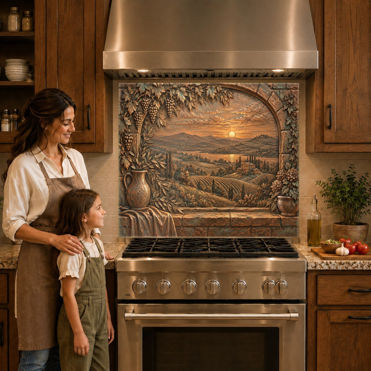 Italian landscape glass backsplash panel mounted over a stainless steel cooktop