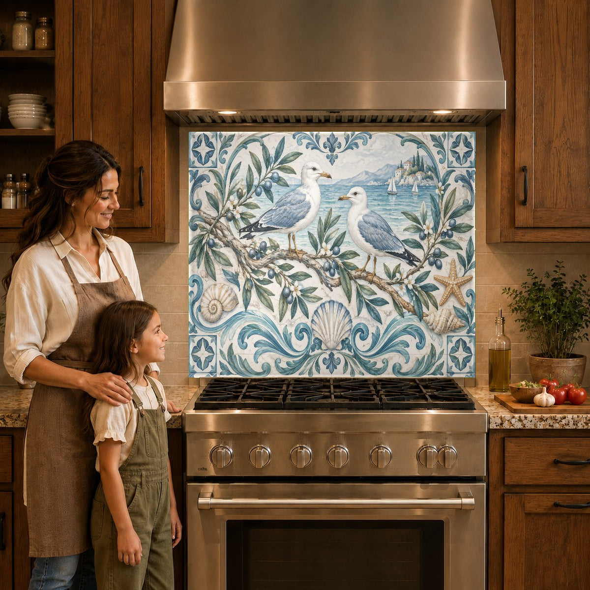Coastal bird glass kitchen backsplash panel mounted behind a gas cooktop