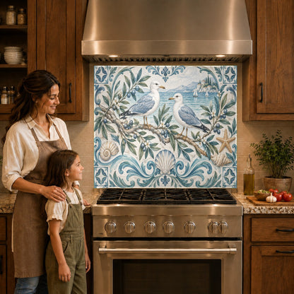 Coastal bird glass kitchen backsplash panel mounted behind a gas cooktop