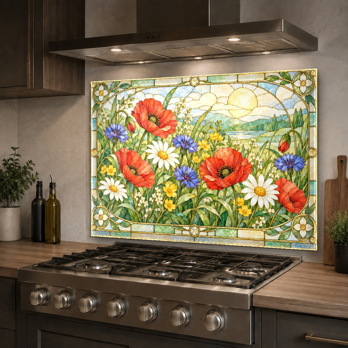 Vibrant floral kitchen glass backsplash behind a stainless steel cooktop