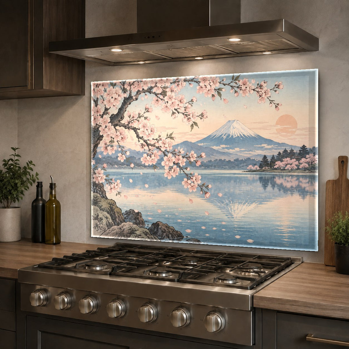 Close-up of Japanese cherry blossom glass kitchen panel behind a gas cooktop