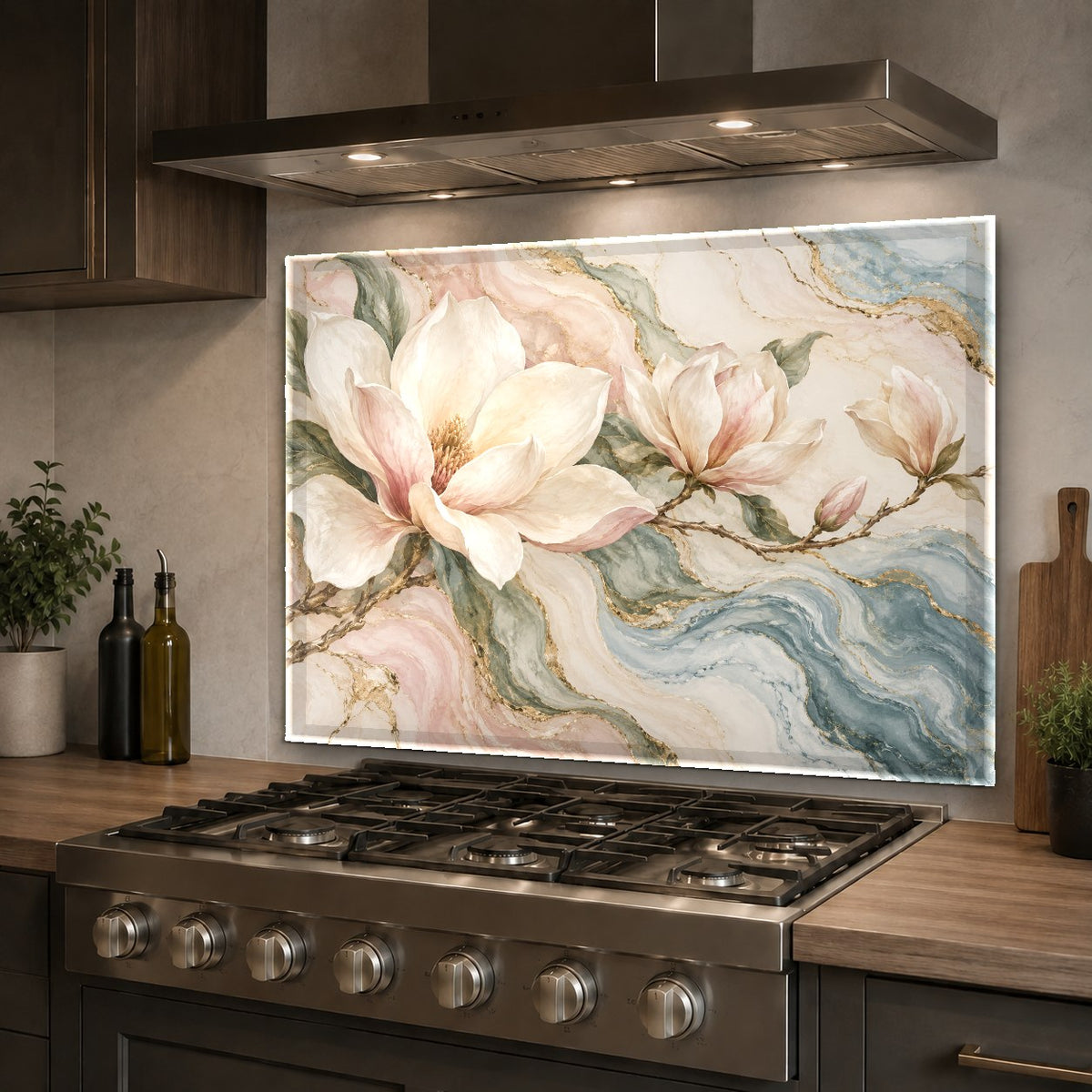 Close-up of Marble Magnolia kitchen glass backsplash showing high-gloss finish