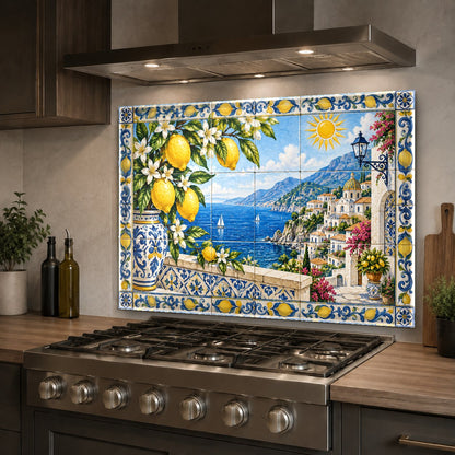 Bright Mediterranean lemon glass kitchen panel placed over a busy electric cooktop