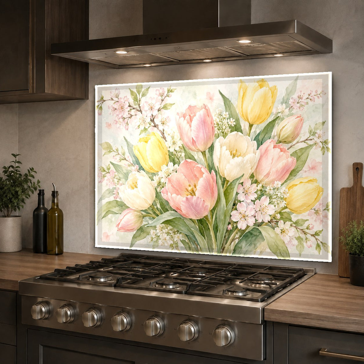 Floral glass kitchen backsplash panel mounted over a modern kitchen cooktop