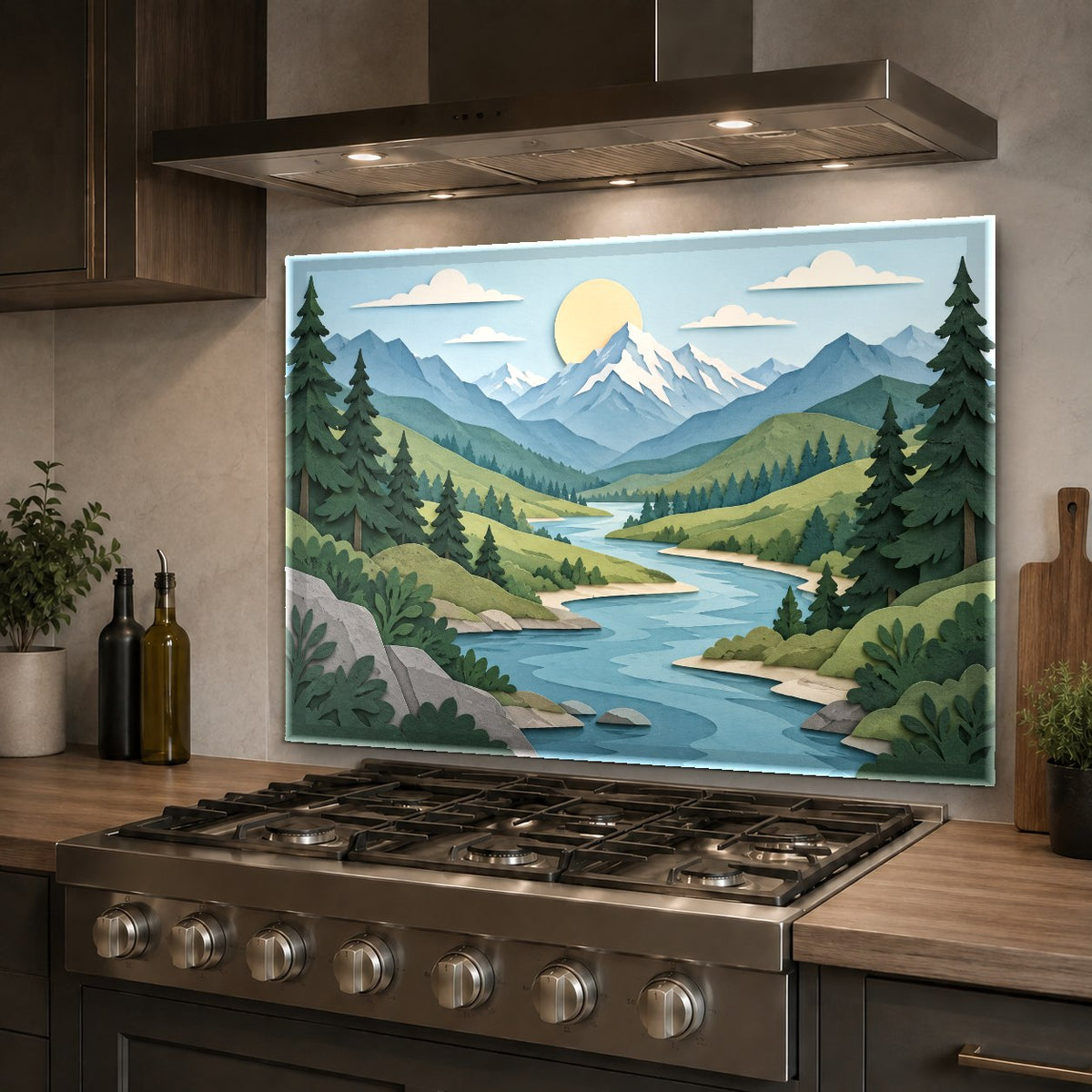 Nature inspired glass kitchen backsplash panel mounted over a gas cooktop
