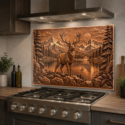 Majestic copper stag glass kitchen panel mounted behind a modern cooktop
