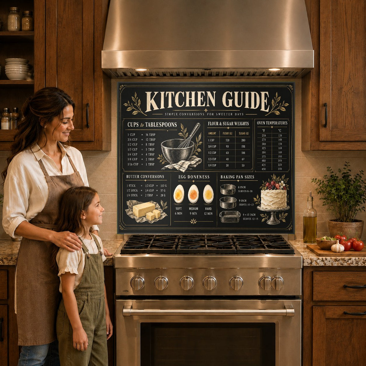 Measurement Conversion Chart tempered glass backsplash behind a modern induction cooktop