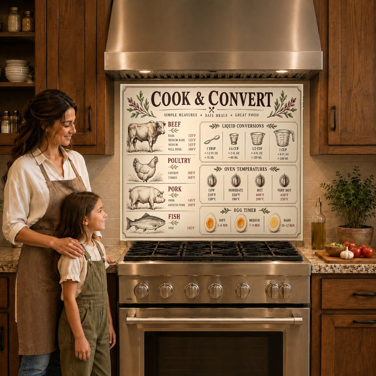 Meat Temperature Chart tempered glass backsplash behind a modern induction cooktop
