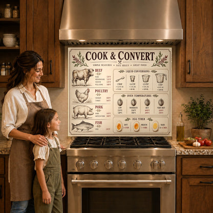 Meat Temperature Chart tempered glass backsplash behind a modern induction cooktop