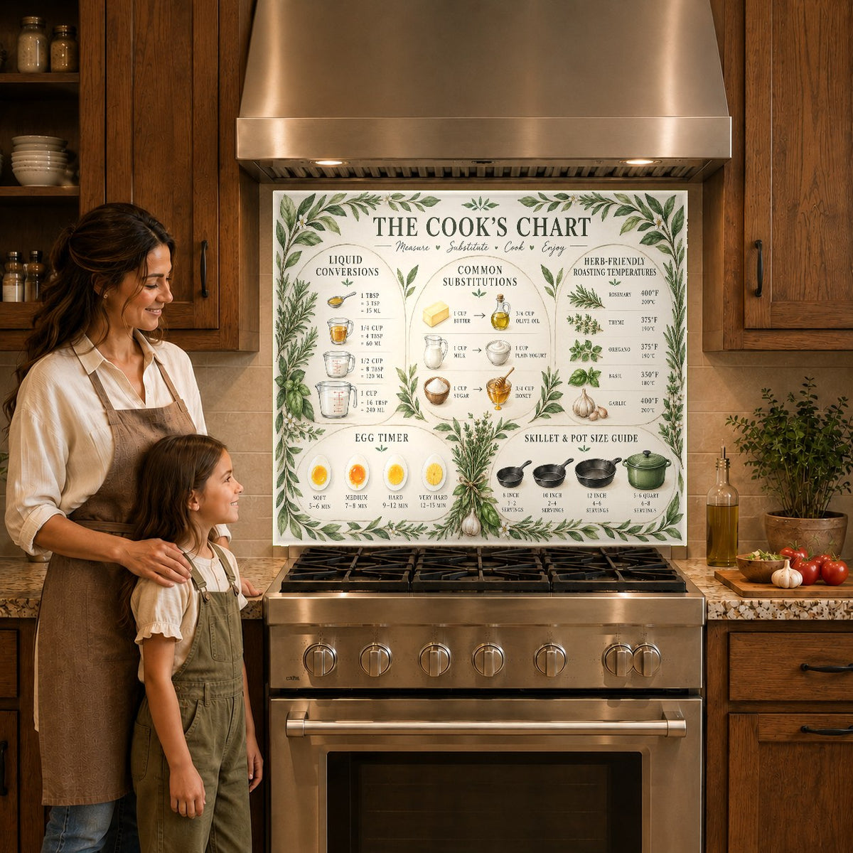 Ingredient Substitution Chart tempered glass backsplash behind a modern induction cooktop