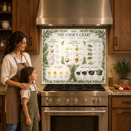 Ingredient Substitution Chart tempered glass backsplash behind a modern induction cooktop