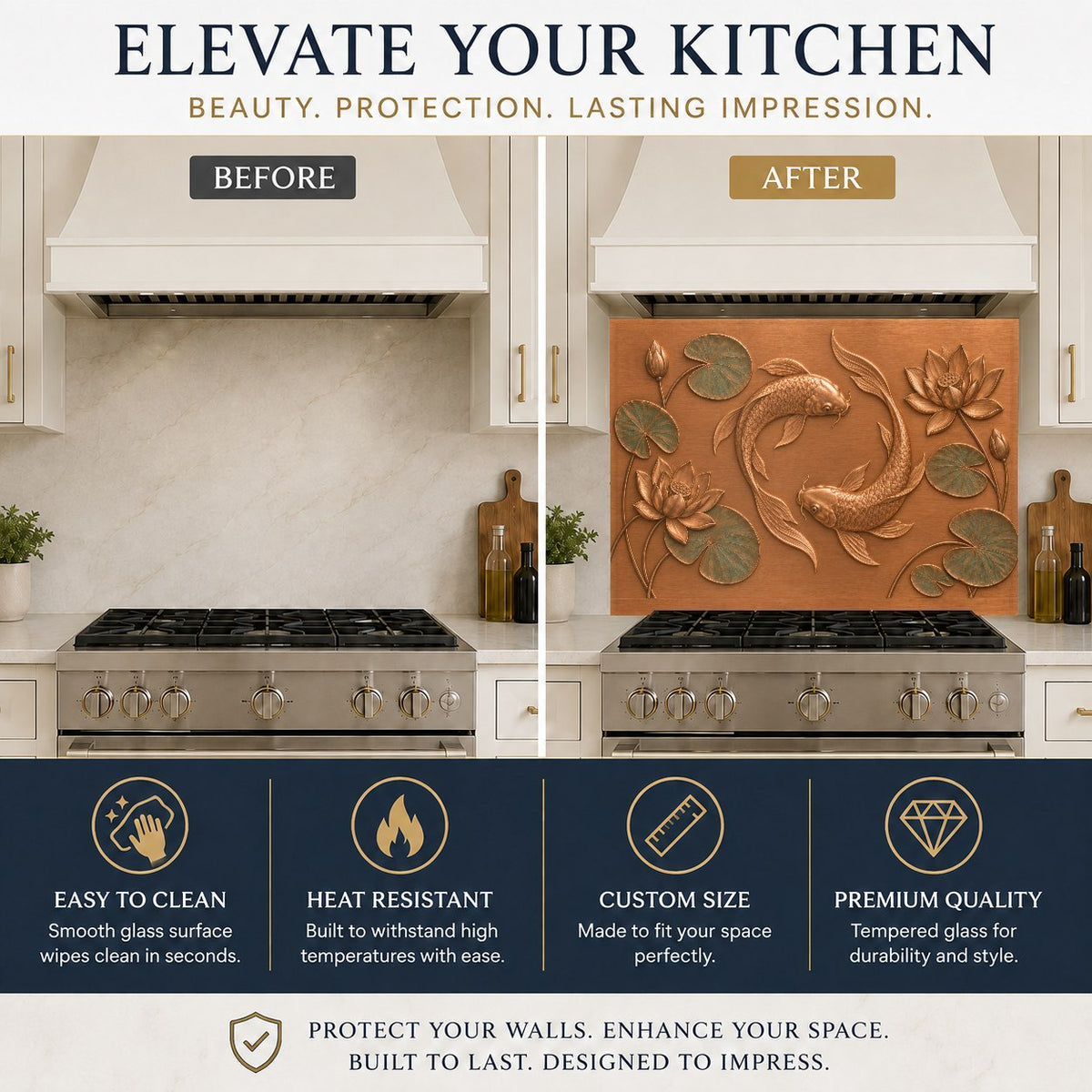 Vibrant koi fish glass backsplash panel protecting a kitchen sink wall