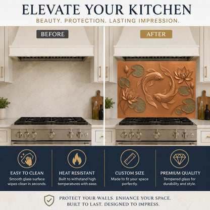 Vibrant koi fish glass backsplash panel protecting a kitchen sink wall