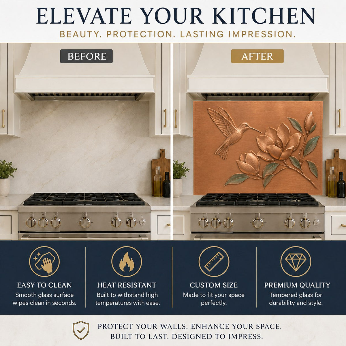 Tempered glass stove splash guard with floral and bird design protecting kitchen wall