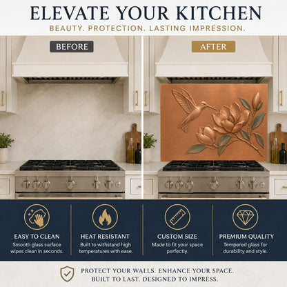 Tempered glass stove splash guard with floral and bird design protecting kitchen wall