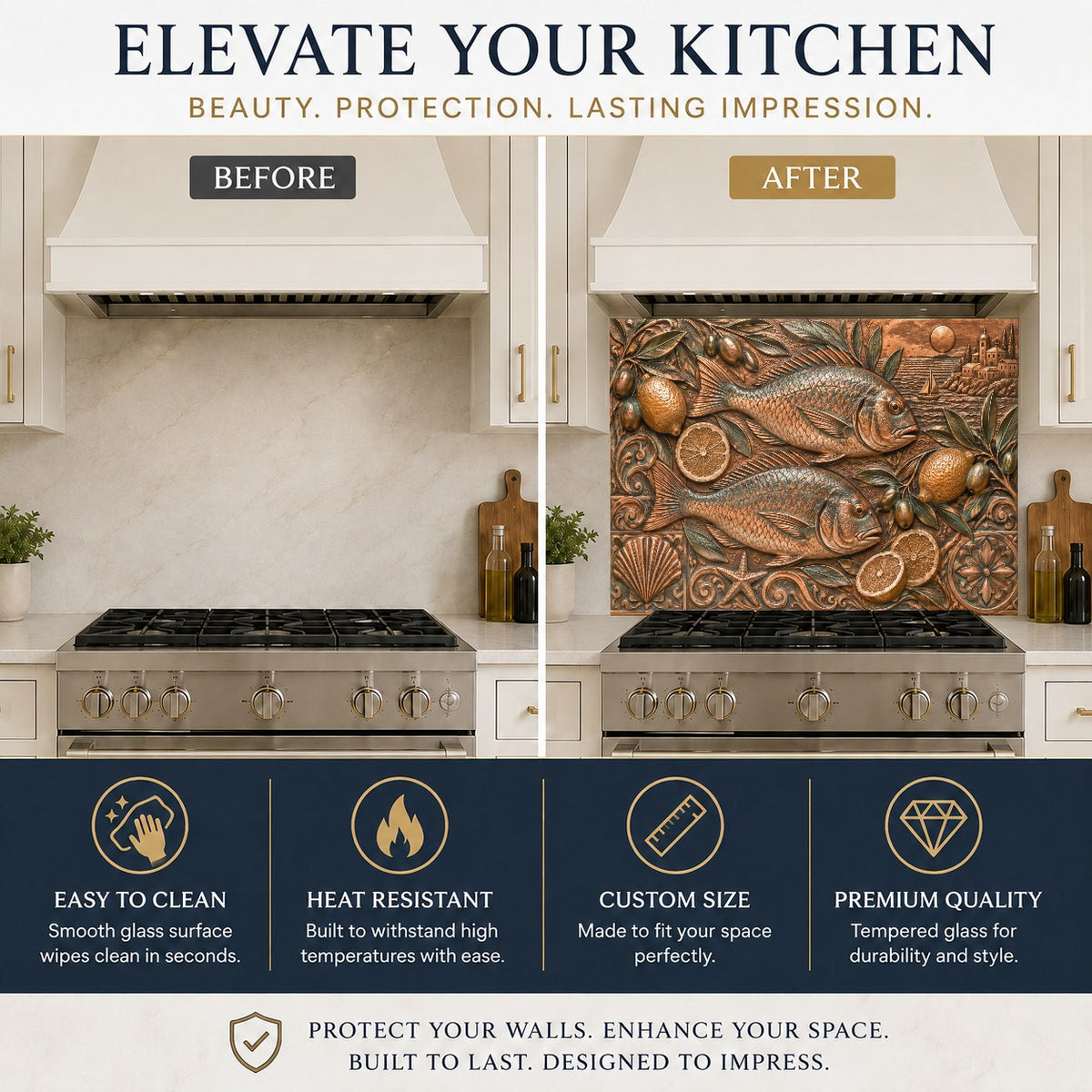 Mediterranean fish glass backsplash protecting the kitchen sink wall from water