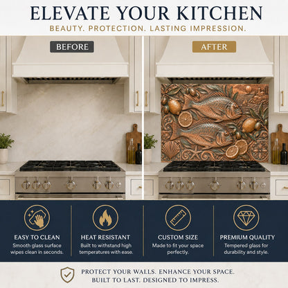 Mediterranean fish glass backsplash protecting the kitchen sink wall from water