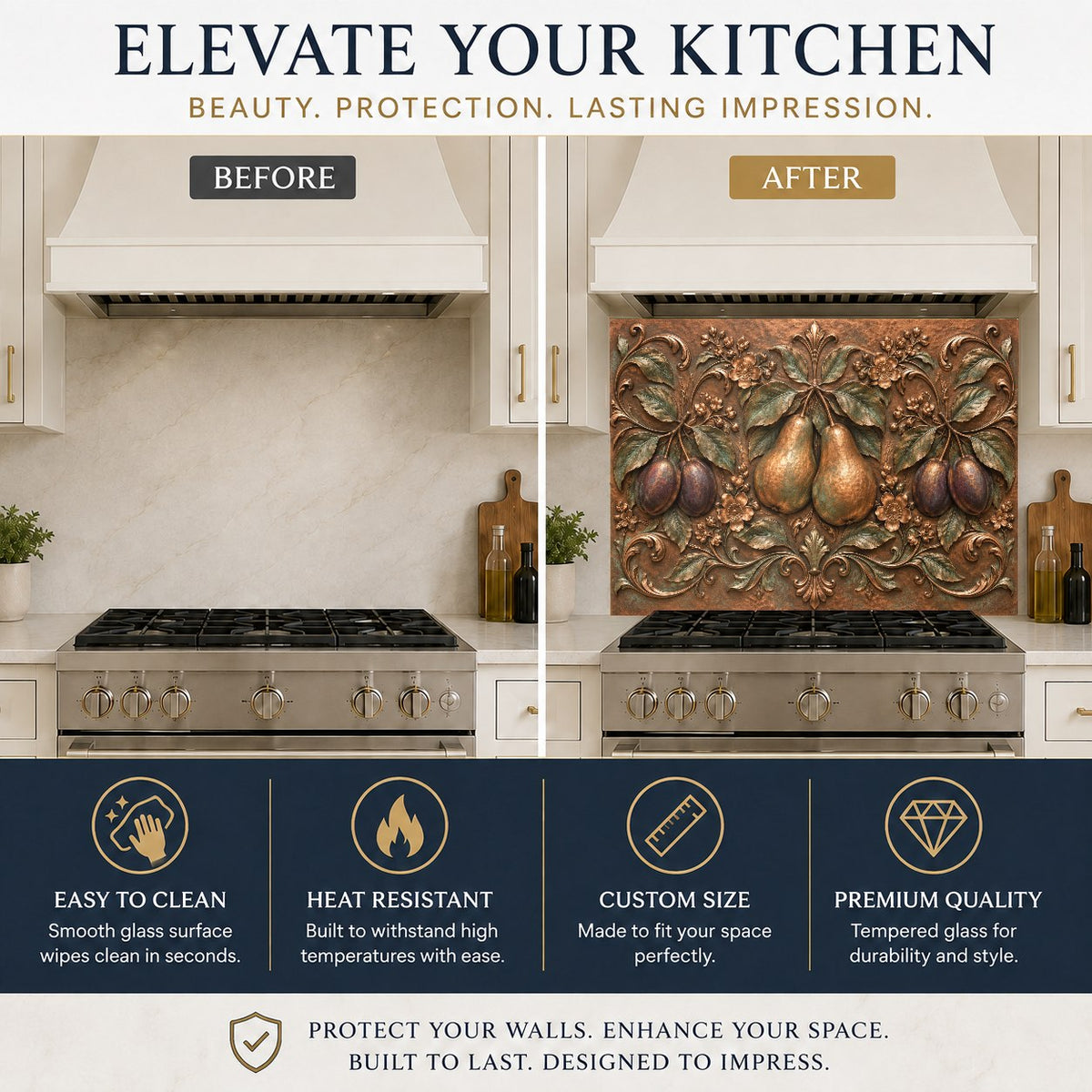 Fruit garden pear and plum glass backsplash behind modern induction cooktop
