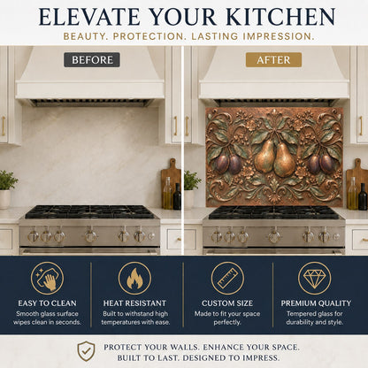 Fruit garden pear and plum glass backsplash behind modern induction cooktop