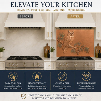 Pine Owl kitchen glass backsplash mounted on a modern white tile wall