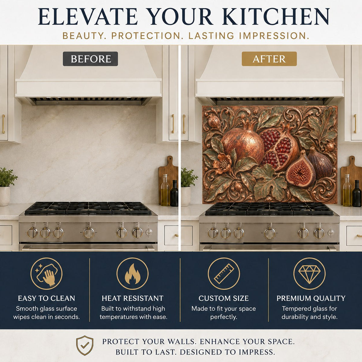 Pomegranate Fig design tempered glass kitchen backsplash protecting the sink wall