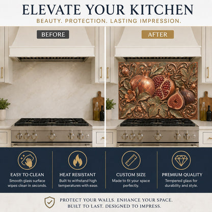Pomegranate Fig design tempered glass kitchen backsplash protecting the sink wall