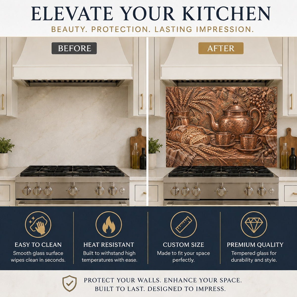 Rustic Teatime tempered glass backsplash protecting the wall behind a kitchen sink