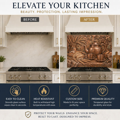Rustic Teatime tempered glass backsplash protecting the wall behind a kitchen sink