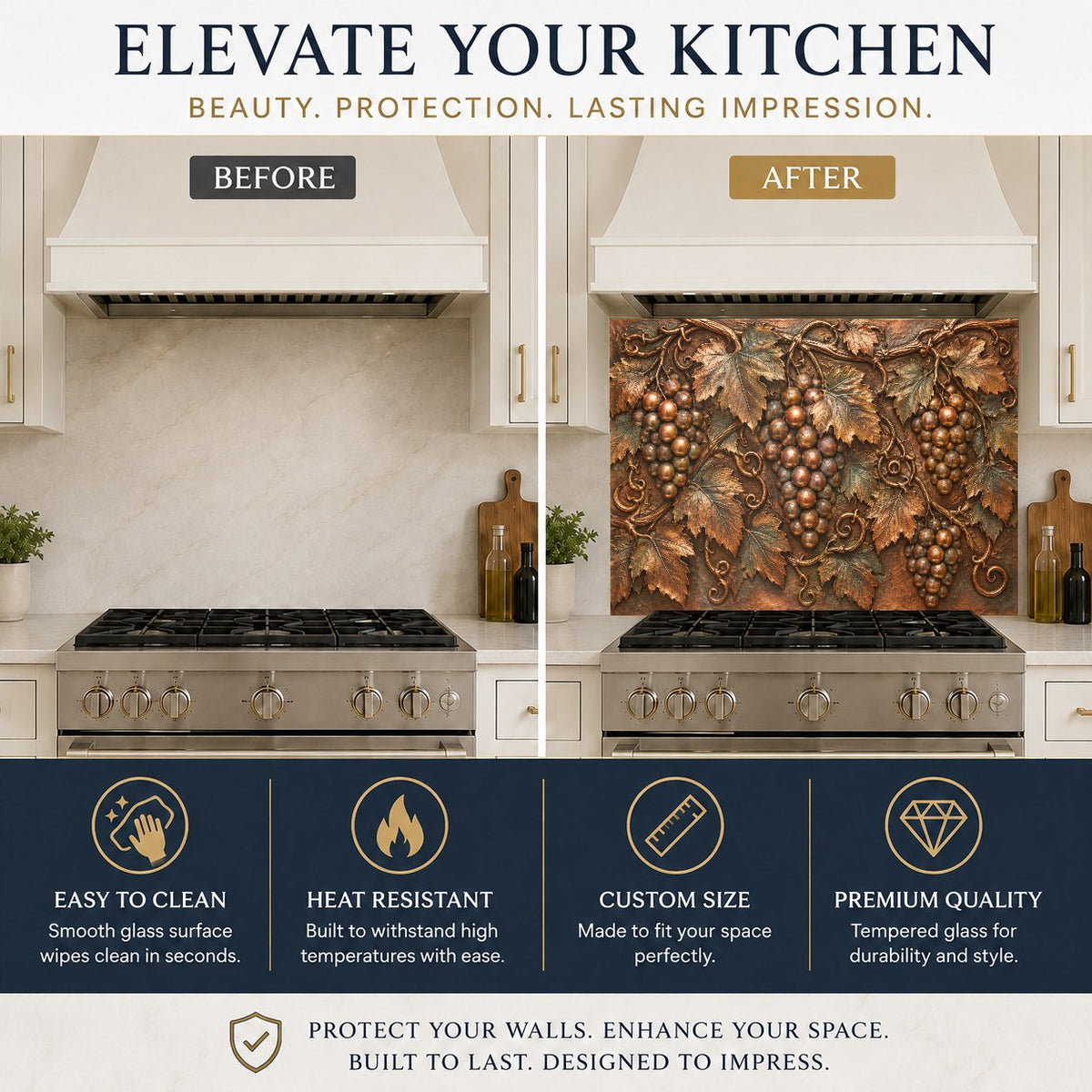 Vineyard Grapes glass backsplash panel mounted over a kitchen cooktop in a rustic home