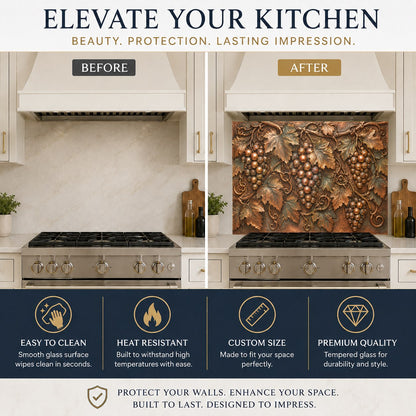 Vineyard Grapes glass backsplash panel mounted over a kitchen cooktop in a rustic home