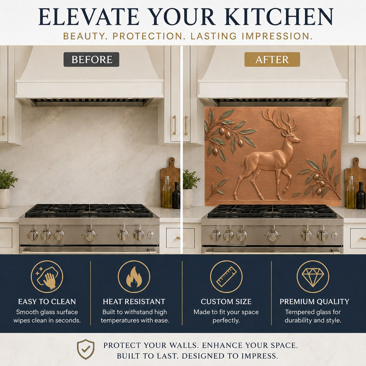 Nature themed tempered glass backsplash protecting a kitchen sink wall